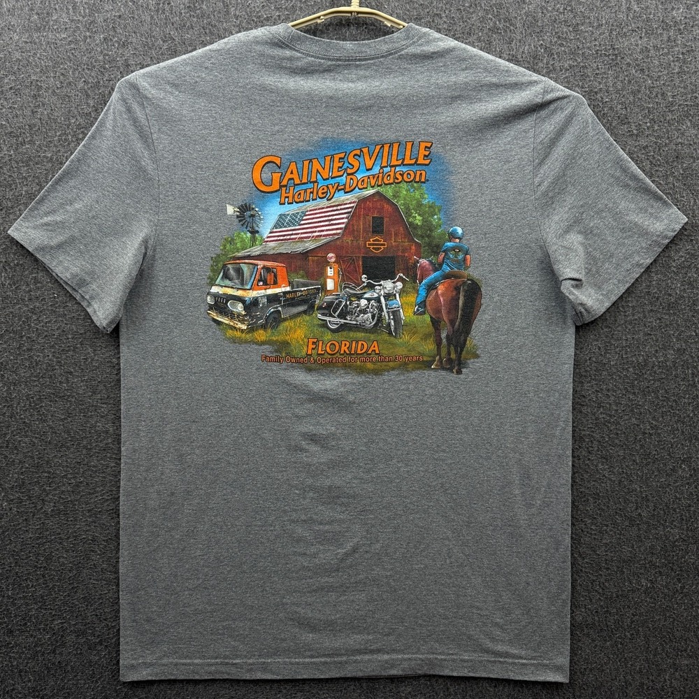 Harley Davidson Shirt Mens XL Gray Gainesville FL Horse Barn USA Flag Biker Tee
